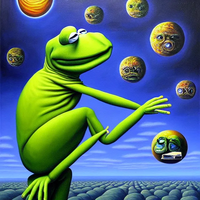 Image similar to an oil on canvas portrait painting of kermit, surrealism, surrealist, cosmic horror, rob gonsalves, high detail