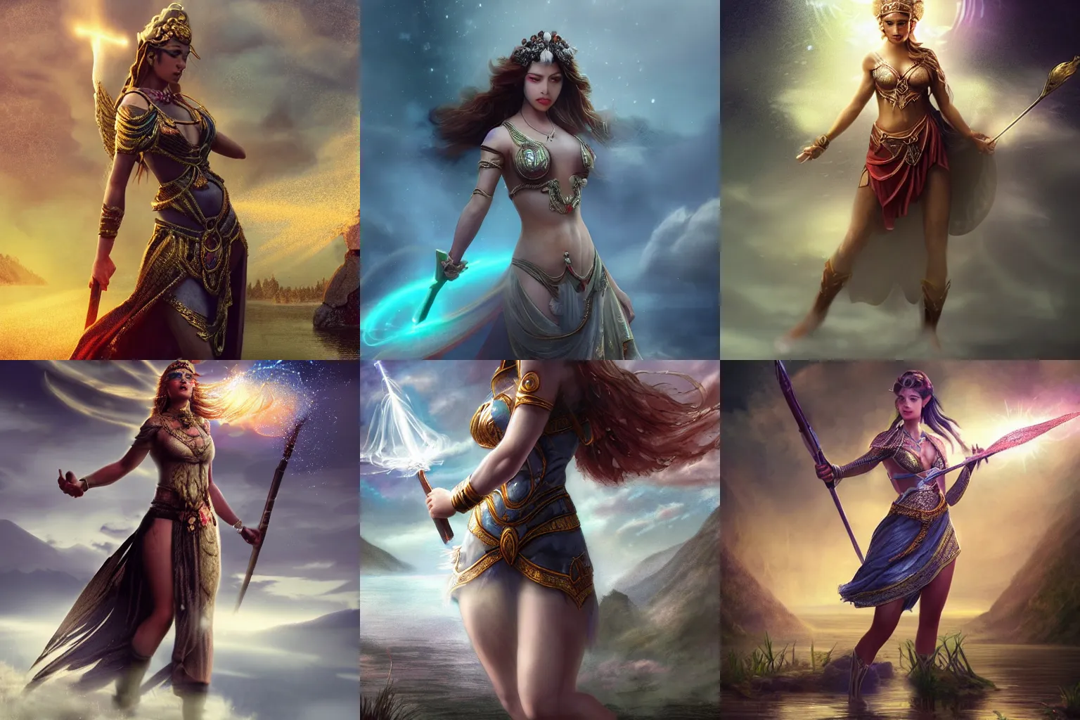 Prompt: a beautiful female goddess of lakes character, character is in all its glory, character is centered on the image, character is in heroic pose with weapon, rim lights, particles and dust in the air, fancy clouds, highly detailed professional photo, dynamic lights, particles are flying, depth of field, trending on artstation, illustration, hyper realistic, vray caustics, super detailed, colorful accents, cinematic shot