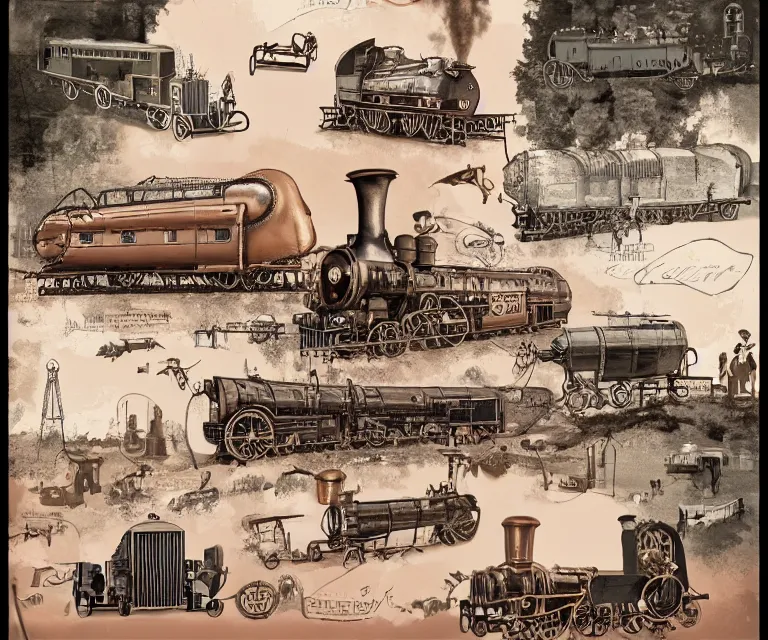 Image similar to steampunk countryside, 1 9 2 0 s, steam trains, blimps, rose gold