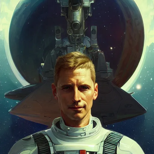 Prompt: portrait of a male space captain standing next to his space fighter ship, D&D, fantasy, intricate, muscular, highly detailed, digital painting, artstation, concept art, smooth, sharp focus, illustration, art by artgerm and greg rutkowski and alphonse mucha