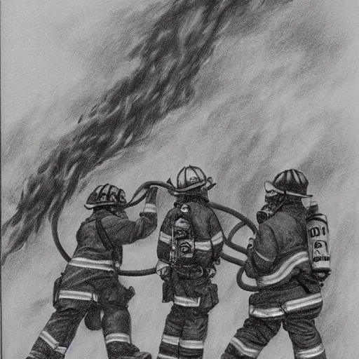 Image similar to Firefighters extinguish the fire. Fantasy. Pencil drawing