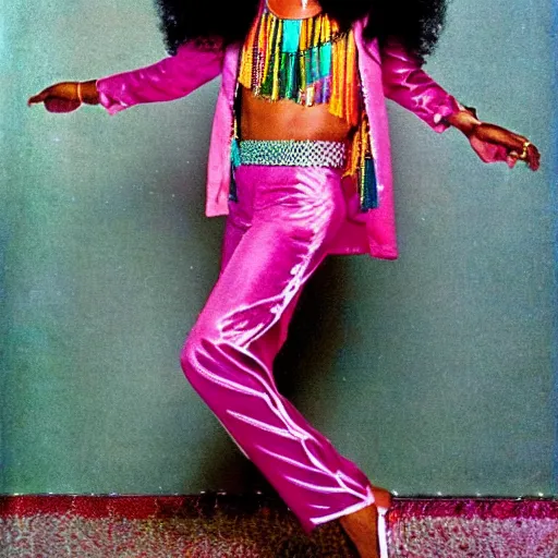 Image similar to 70's disco dancer, afro, disco clothes, dancing clothes, 70s dancing clothes, photography, retro, retro colors, retro designs, retro disco party