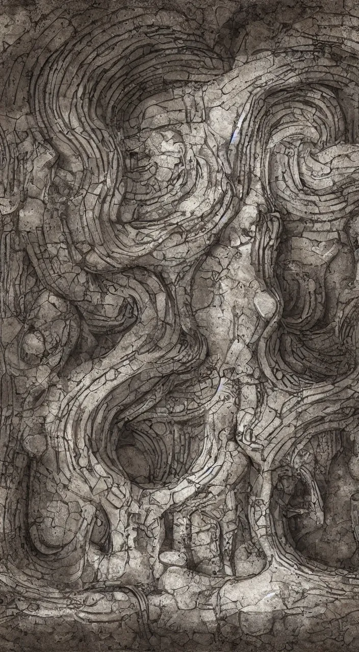 Prompt: a stream of water flowing into a machine made from clay amphoras and producing a coin, in the style of H R Giger, architectural photograph , isometric views, kidneys, marble texture , 8k
