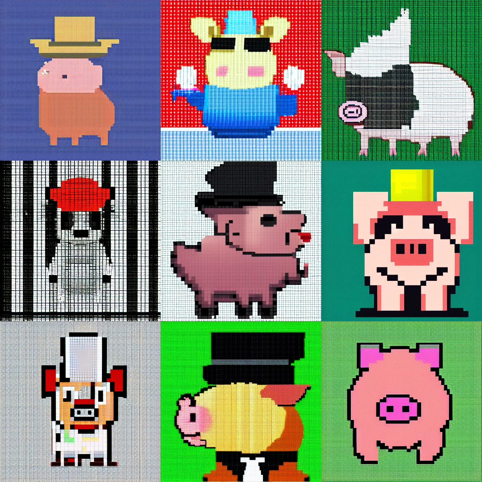 Prompt: pixel art of a pig in a top hat, plain background,