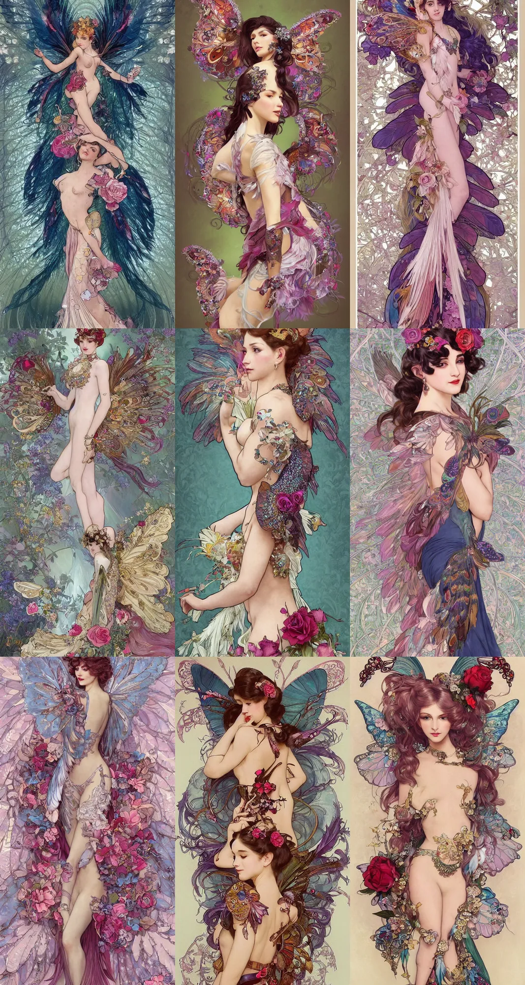 Prompt: Character concept spot illustrations of fashion with butterfly wings and peacock tail feathers and rose petals motifs as accents and as an aesthetic, color theory, full-body, bloom, dynamic poses, diaphanous cloth, intricate crystalline and feather jewelry, ornate, filigree, arcane, cinematic lighting, by Artgerm, by Alphonse Mucha, by Bouguereau, by Sakimichan, fantasy, portfolio illustration, highly detailed, trending on Artstation, CGsociety, HQ, 8k, 35mm lens, f2.8, Bokeh,