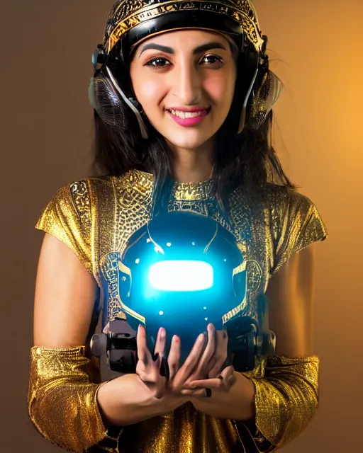 Image similar to centered medium shot fine studio photograph of a beautiful persian girl wearing a persian solarpunk electronic helmet with led lights decorated with golden ornaments, chest with mechanical parts, ultra-realistic, white background, 8k HDR dusk light, intricate detail