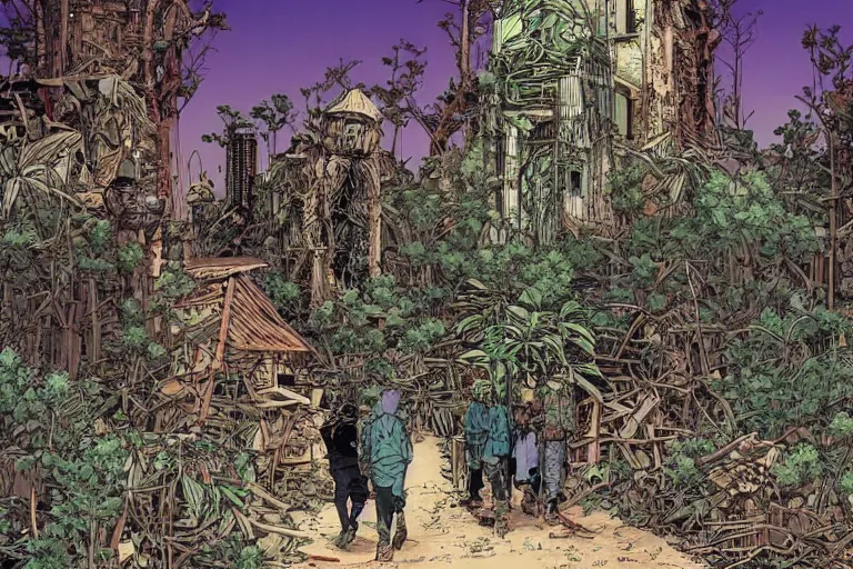 Image similar to on the street of abandoned town 2 people huddled together with spiny giant plants bursting through them, surreal, very coherent, intricate design, painting by Laurie Greasley, part by Yoji Shinkawa, part by Norman Rockwell