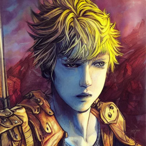 Image similar to an epic fantasy comic book style portrait painting of a young blonde boy thief in the style of yoshitaka amano