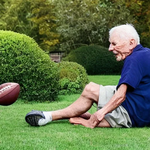 Prompt: an elderly man in pain with a 🏈 in the groin on the front lawn. long shot 3 /