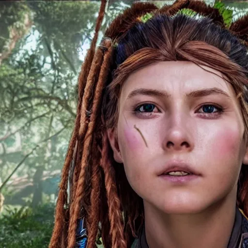 Image similar to aloy of horizon zero dawn in real life , photorealistic , detailed