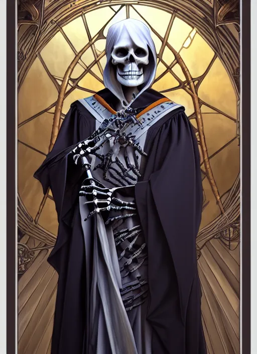 Prompt: undead skeleton king, wearing an academic gown, tarot card, highly detailed, deep focus, elegant, digital painting, smooth, sharp focus, illustration, ultra realistic, 8 k, art by artgerm and alphonse mucha and greg rutkowski