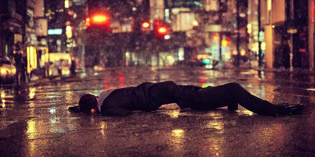 Image similar to a man in a suit !!laying !!flat in the street while it rains, night, tokyo street, raining , wet, artstation, cgsociety, depth of field, bokeh, neon lights