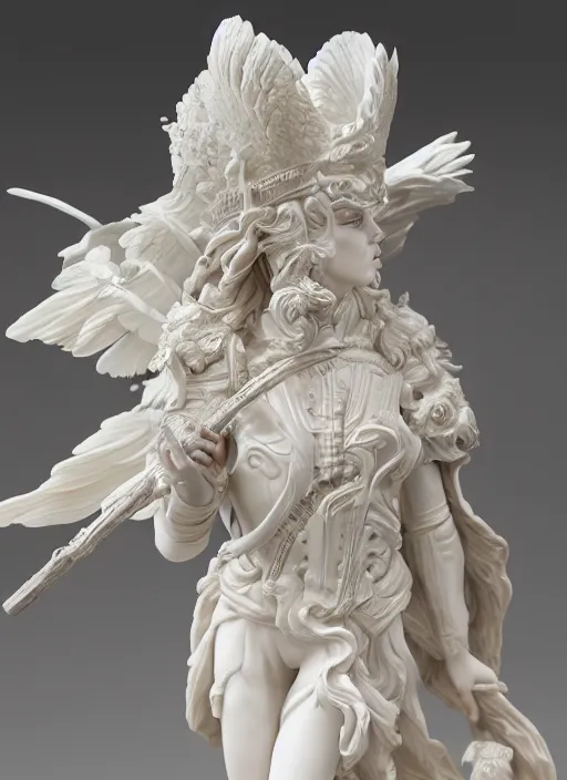 Prompt: high intricate porcelain sculpture of a baroque angelic warrior standing on the edge of a cliff, maria panfilova, andrea savchenko, mike kime, ludovic plouffe, qi sheng luo, oliver cook, trending on artstation