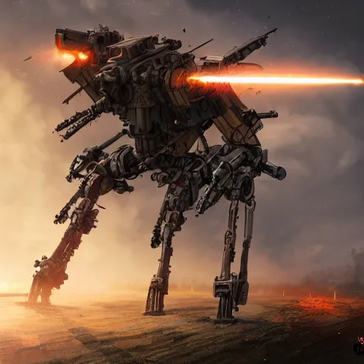 Image similar to a mech with guns on each arm preparing for combat, battlefield, dead trees, fire, smoke, dark clouds, slightly sunny, ominous, intense, epic, extremely detailed, cinematic lighting, studio ghibli, anime, steampunk, cool,