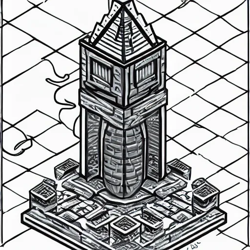 Image similar to isometric view of a wizard tower, lineart, sharp edges