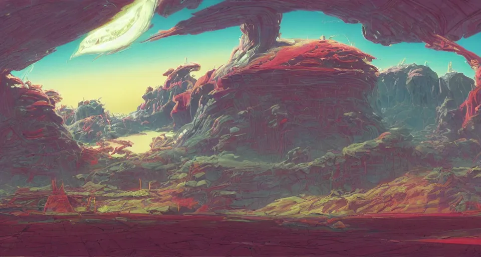 Image similar to a licorice landscape, retro-scifi landcape, moons in the sky, wide-angle shot, angled view, fisheye lens, two point perspective, animation background painting from Thundercats (1985), Masters of the Universe (1983), in the style of Jim Burns, Craig Mullins, clean scan, artstation trending, digital painting, many small details, 8k