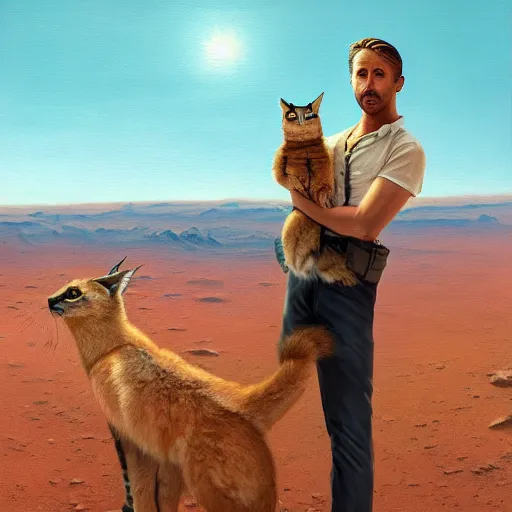 Image similar to Ryan Gosling holding a cute caracal on a mountain on mars, cinematic angle, studio Ghibli, cinematic lighting, detailed oil painting, hyperrealistic, 8k