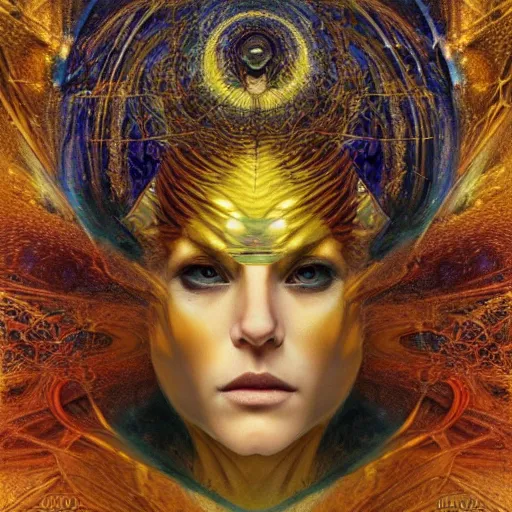 Image similar to a beautiful visionary portrait of Divine Chaos Engine by Karol Bak, Jean Deville, Gustav Klimt, and Vincent Van Gogh, sacred geometry, mystic, otherworldly, fractal structures, ornate gilded medieval icon, third eye, spirals