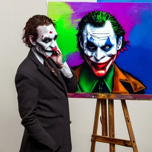 Image similar to photograph of the joker ( 2 0 1 9 ) as a professional artist, standing at an easel with paint, photograph, 3 5 mm, 8 k