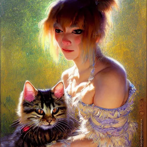 Image similar to portrait of a furry fluffy female tabby cat in a cute dress. shadowrun furaffiniy cyberpunk fantasy highly detailed painting by gaston bussiere craig mullins jc leyendecker gustav klimt artgerm greg rutkowski john berkey, bergey, craig mullins, ruan jia, raymond swanland, jeremy mann, tom lovell, alex malveda