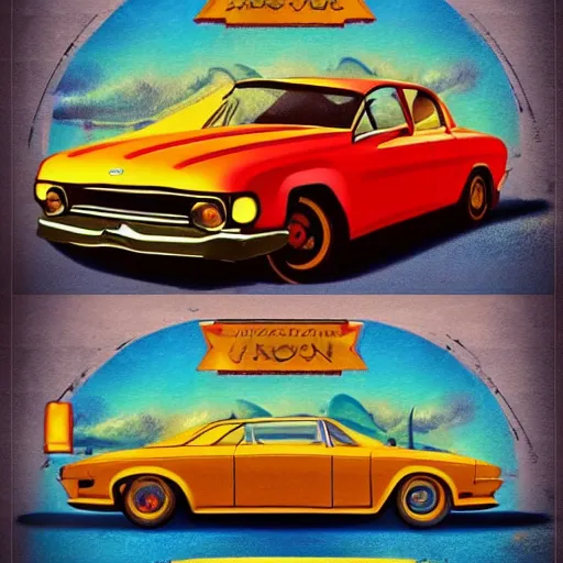 Image similar to vintage car made of autumn, cinematic, pop art style, featured on artstation, happy, vintage colors, poster