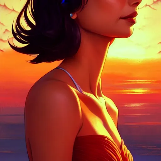 Prompt: Morena Baccarin, sunset background, intricate, highly detailed, digital painting, artstation, official media, anime key visual, concept art, rich vivid colors, ambient lighting, sharp focus, illustration, art by Artgerm, Makoto Shinkai, Ilya Kuvshinov, Lois Van Baarle, and Rossdraws