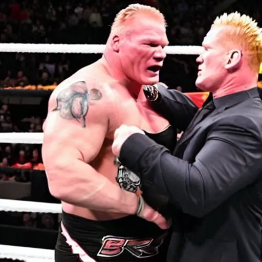 Prompt: chris jericho and brock lesnar hugging in the ring, wwe
