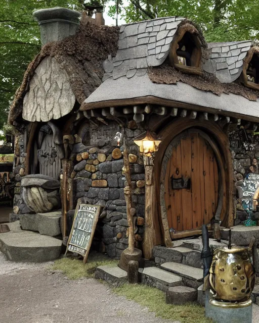 Prompt: fantasy town with a stand - alone blacksmith shop, stand - alone bakery, stand - alone tavern, stand - alone courthouse, stand - alone guardhouse, midday, viking style - hobbit homes, with elf - tree houses, in the style of real fantasy,