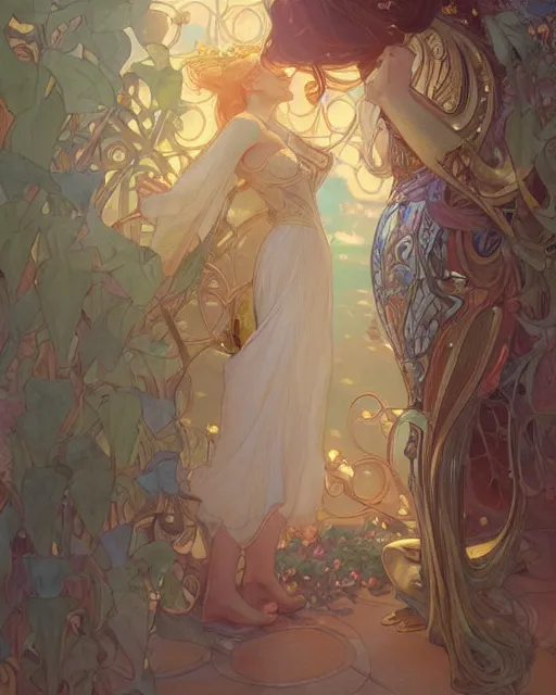 Image similar to secret romance, highly detailed, gold filigree, romantic storybook fantasy, soft cinematic lighting, award, disney concept art watercolor illustration by mandy jurgens and alphonse mucha and alena aenami, pastel color palette, featured on artstation