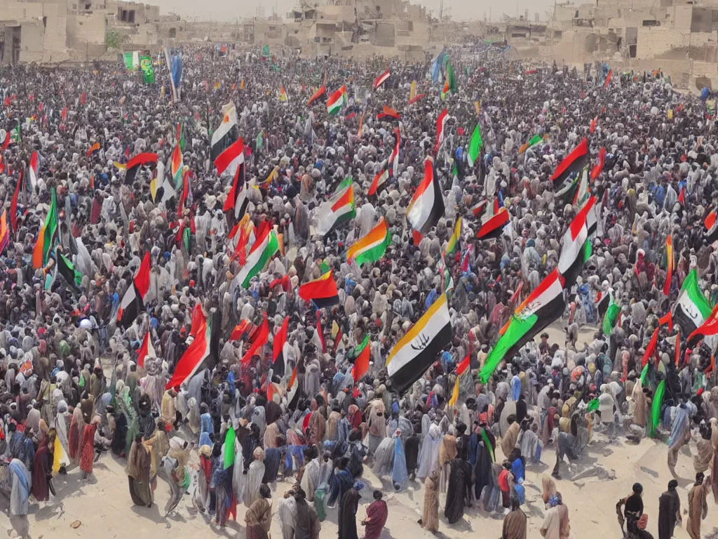 Image similar to very very very beautiful painting of protesters in Baghdad, 4k detailed