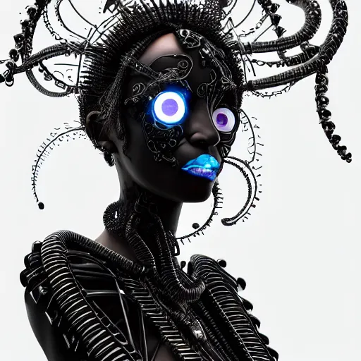 Image similar to portrait of an absurdly beautiful, graceful, sophisticated, fashionable black cyberpunk mechanoid gravure idol, hyperdetailed illustration by irakli nadar, matt wisniewski style, intricate linework, dark black skin, jellyfish headdress, bone necklace, unreal engine 5 highly rendered, global illumination, radiant light, detailed and intricate environment