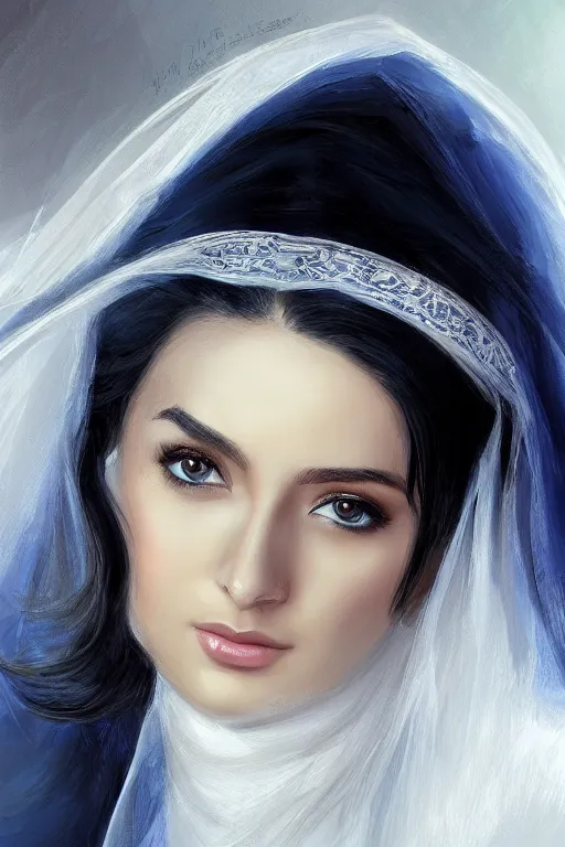 Prompt: Ameera al-Taweel, blue eyes, long wavy black hair, white veil, closeup, focus face, elegant, highly detailed, centered, digital painting, artstation, concept art