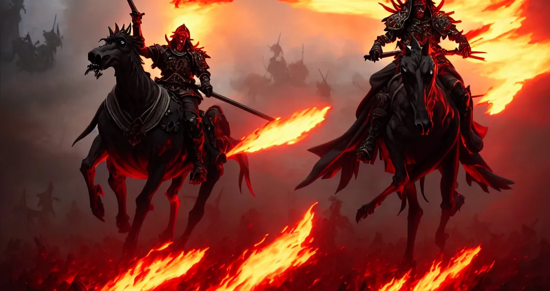 Prompt: ainz ooal gown leading his undead army to battle riding a flaming horse, undead soldiers in background, battlefield, highly detailed, deep focus, elegant, artstation, digital painting, smooth, sharp focus, illustration, ultra realistic, 8 k, art by artgerm and greg rutkowski and alphonse mucha