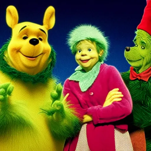 Image similar to winnie the pooh as the grinchfrom, winnie the pooh cast as the grinch