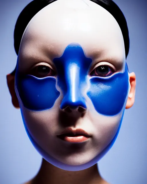 Prompt: symmetrical close - up portrait of a woman wearing a embroidered translucent silicone beauty mask and deep blue hair, wearing a black bodysuit by alexander mcqueen, black background, soft diffused light, biotechnology, humanoide robot, bjork aesthetic, translucent, by rineke dijkstra, intricate details, highly detailed, masterpiece,