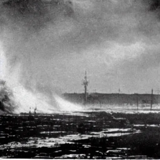 Prompt: grainy 1800s photo of a huge tidal wave of mud about to engulf a city