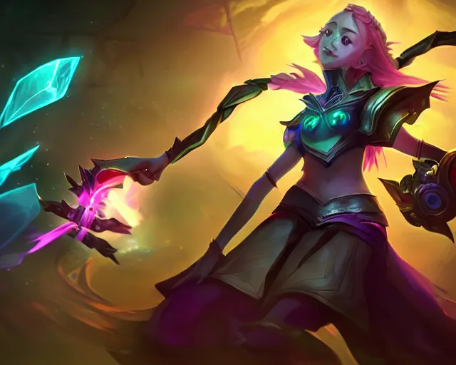 Image similar to league of legends Splashart of a very mysterious girl puppeteer that controls the fate with glowing strings, dramatic lighting