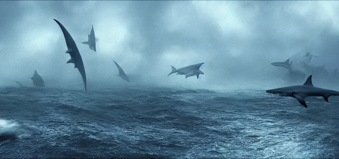 Prompt: a storm of sharks, foggy, cinematic shot, photo still from movie by denis villeneuve, wayne barlowe