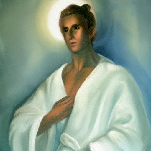 Image similar to A painting of a figure in a white robe, with a glowing aura and a peaceful expression, in a ethereal style.