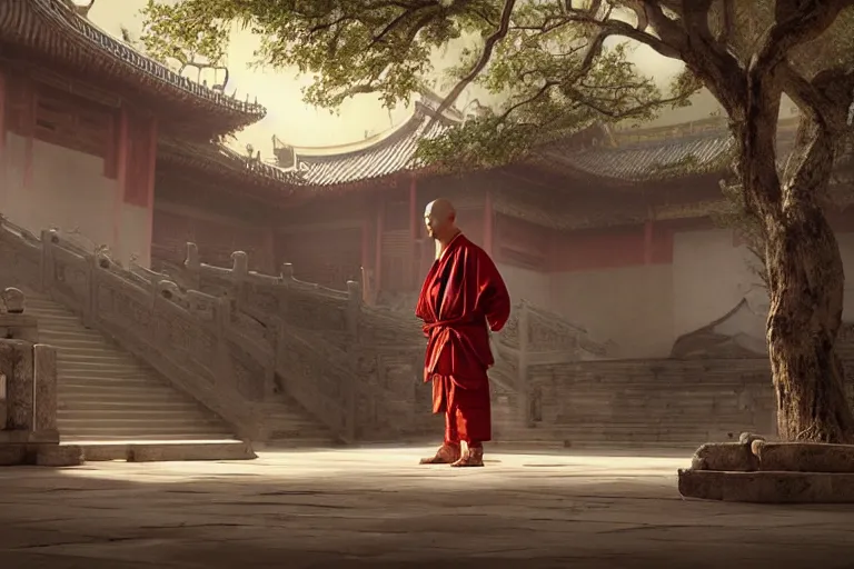 Prompt: A MONKEY dressed as a shaolin monk, standing in front of an ancient chinese palace, cinematic lighting, artstation, greg rutkowski