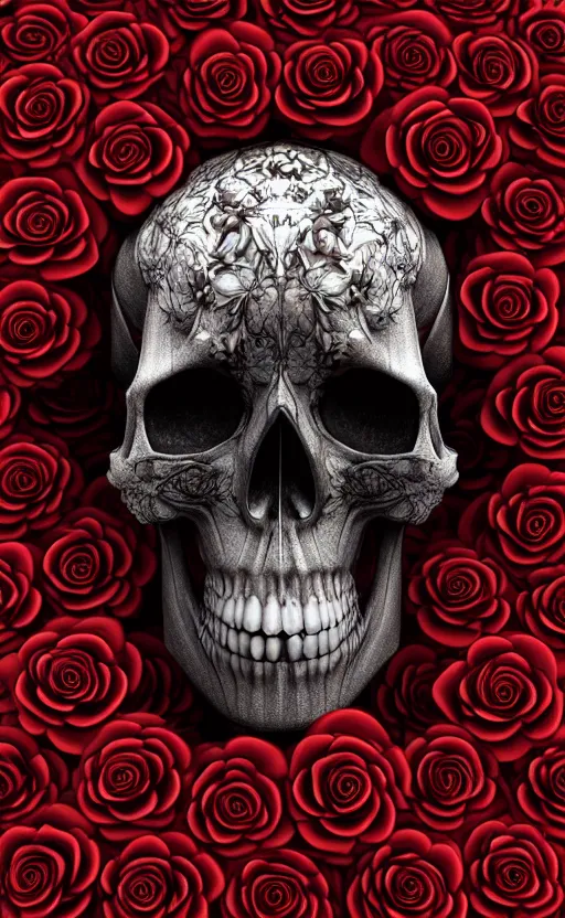 Prompt: skull made of red roses, organic horror, devil, death, giger, epic, baroque, art nouveau, james jean, photorealistic render, 3 ds max, v - ray, extremely detailed and intricate, center composition, elegant, vfx, unreal engine 5, octane render, extremely contrast, extremely sharp lines