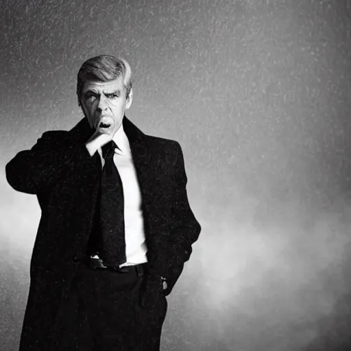 Image similar to arsene wenger as a 1 9 4 0 s gangster, noir, fog, serious, extreme detail, realistic, rain, atmospheric, cigarette in mouth, movie still, studio light 4 k