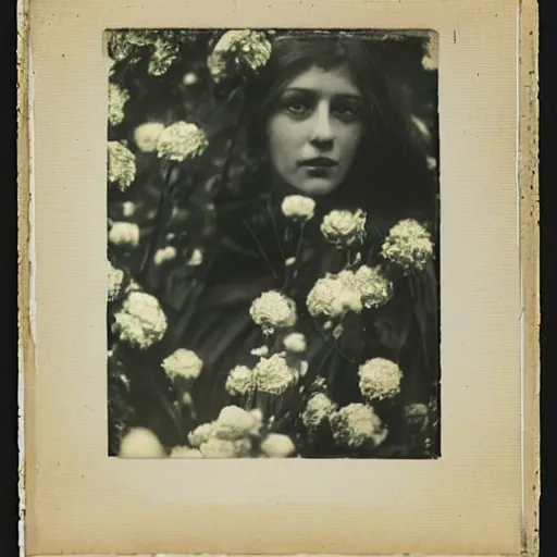 Prompt: portrait of a beautiful woman covered in flowers, 1910 polaroid photography,