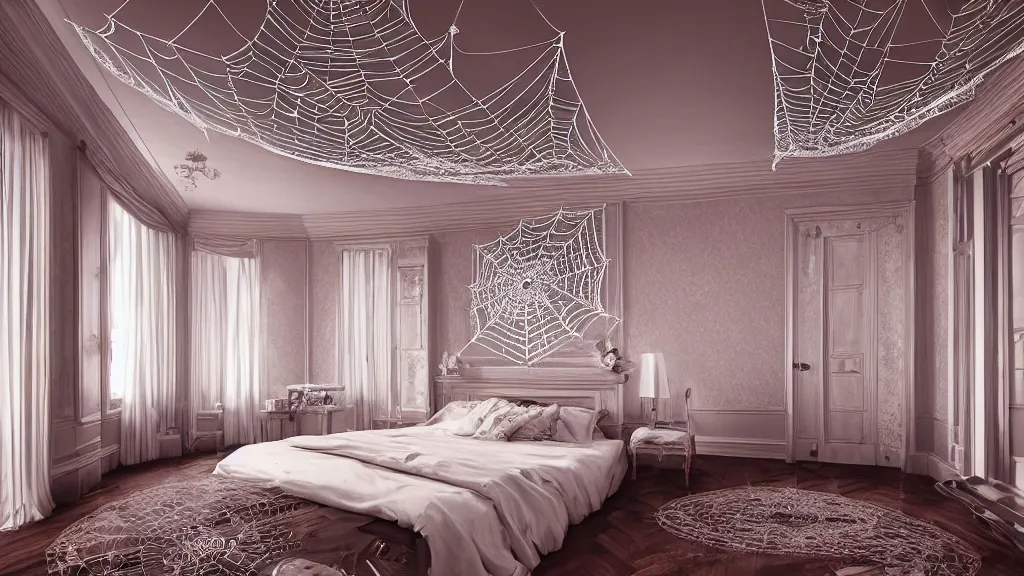 Prompt: art deco bedroom, spiderweb on ceiling, ultra detail, photoreal, professionally retouched, wide angle, 8 k high definition, insanely detailed, intricate, elegant, art by artgerm and wlop