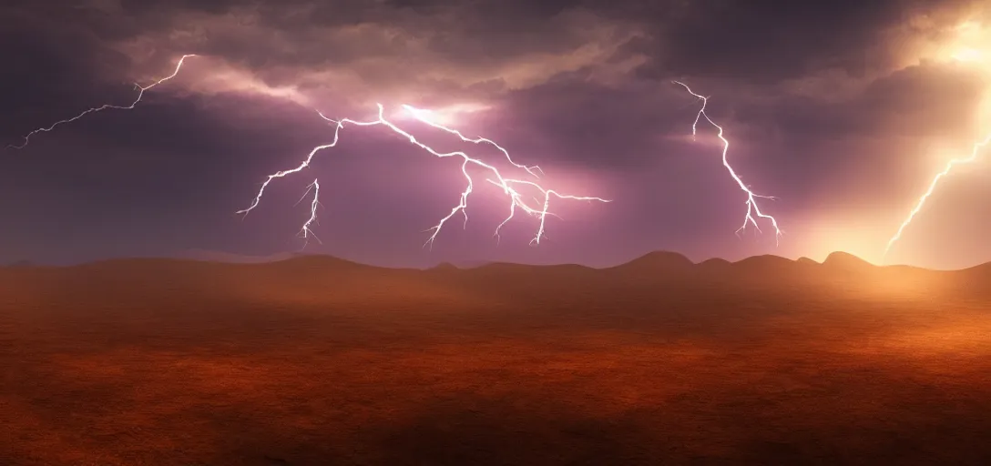 Prompt: a beautiful picture of a desert, intricate detail, god rays, an extremely close lightning strike, sunset, serene, volumetric lighting, volumetric clouds, 8 k, hyperrealistic, digital art trending on artstation