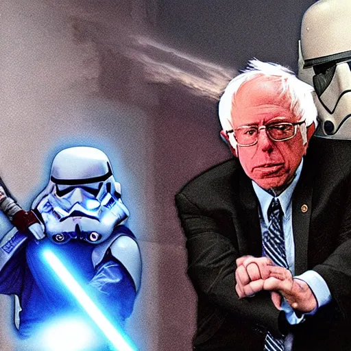 Prompt: Bernie sanders as a Jedi knight fighting storm troopers