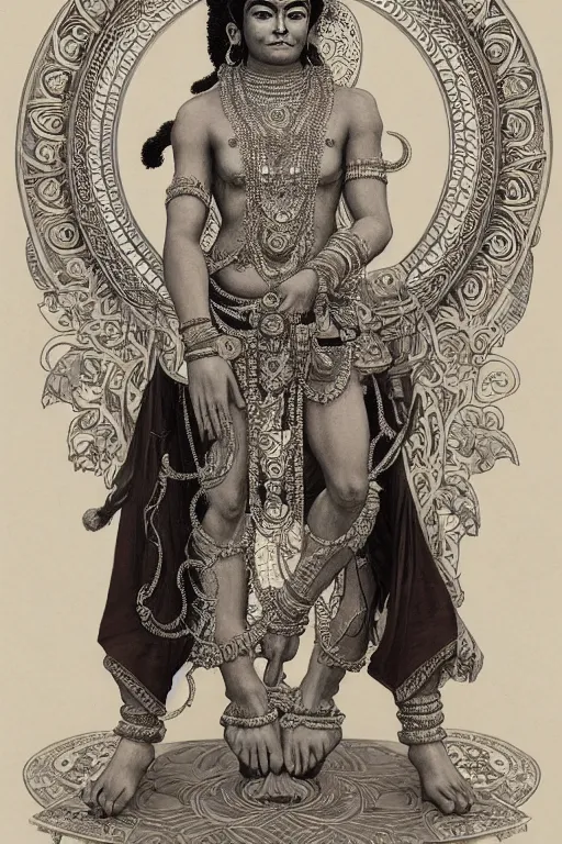 Image similar to a full body portrait of a beautiful ornated hanuman god, meditative sacral pose, hindu stages of meditation, intricate, elegant, highly detailed, line art!!!!, artstation, concept art, smooth, sharp focus, illustration, art by krenz cushart and artem demura and alphonse mucha