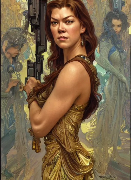 Image similar to Adrianne Palicki as a beautiful young woman holding a pistol, science fiction, intricate, elegant, highly detailed, centered, digital painting, artstation, concept art, smooth, sharp focus, illustration, art by artgerm and donato giancola and alphonse mucha