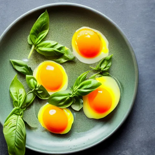 Prompt: egg yolk, basil, and olive oil