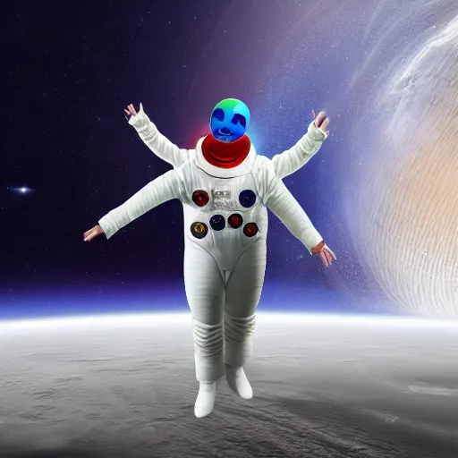 Prompt: techno - capitalist clown wearing space suit flying away in realistic space environs, digital art